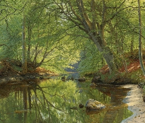 Malarstwo, Rzeka, Las, Drzewa, Peder Monsted