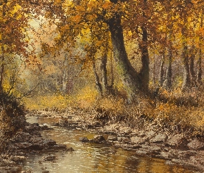 Jesień, Rzeka, Obraz, Malarstwo, Laszlo Neogrady, Las