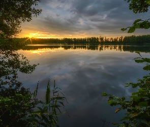 Jezioro, Chmury, Promienie słońca, Drzewa