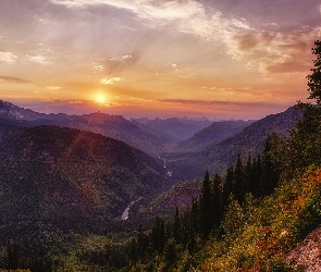 Zachód słońca, Las, Stan Montana, Stany Zjednoczone, Park Narodowy Glacier, Góry