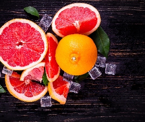 Listki, Ciemne deski, Kostki, Lód, Grejpfrut