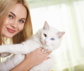 Kobieta, Angora turecka, Biały, Kot, Blondynka