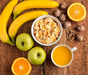 Banany, Orzechy, Owoce, Pomarańcze, Sok pomarańczowy, Jabłka, Deski, Płatki