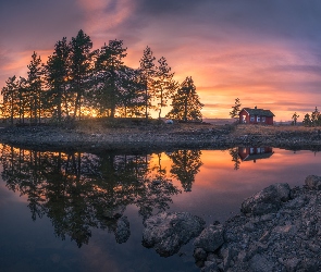 Gmina Ringerike, Jezioro Vaeleren, Norwegia, Zachód słońca, Kamienie, Dom, Odbicie, Drzewa