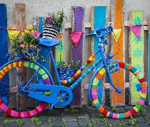 Rower, Dzianina, Płot, Handmade, Kwiaty, Kolorowa