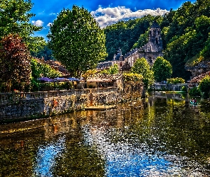 Miasto Brantome, Francja, Kajak, Domy, Roślinność, Rzeka