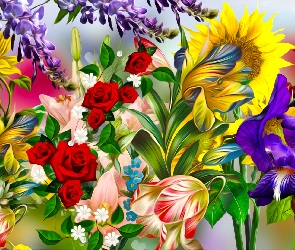Tulipany, Kolorowe, Kwiaty, Grafika, Glicynia, Róże, Irys, Słonecznik