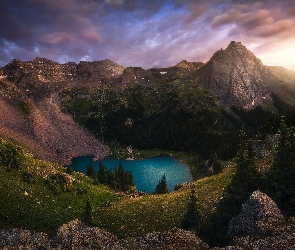 Rezerwat przyrody Alpine Lakes Wilderness, Góry, Stany Zjednoczone, Świt, Stan Waszyngton, Jezioro