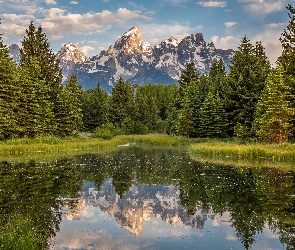 Góry Teton Range, Drzewa, Rzeka Snake River, Park Narodowy Grand Teton, Stany Zjednoczone, Odbicie, Chmury, Stan Wyoming, Las