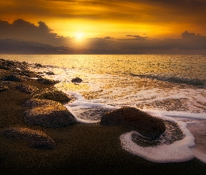 Plaża, Wschód słońca, Fale, Kamienie, Morze