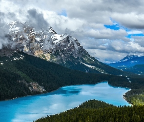 Drzewa, Las, Park Narodowy Banff, Chmury, Jezioro Peyto Lake, Kanada, Góry Canadian Rockies