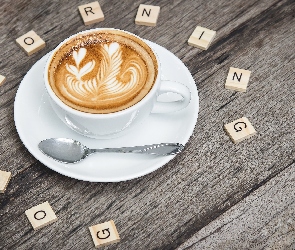 Cappuccino, Scrabble, Kawa, Łyżeczka, Good Morning, Filiżanka, Dzień dobry, Napis