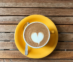 Cappuccino, Łyżeczka, Kawa, Serce, Filiżanka, Pianka, Deski, Żółta