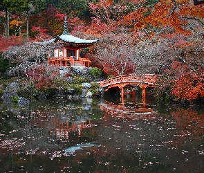 Świątynia Benten-do, Jesień, Kompleks świątynny Daigo-ji, Staw, Kioto, Mostek, Japonia, Drzewa