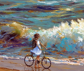 Mewa, Fale, Rower, Grafika, Morze, Dziecko, Plaża