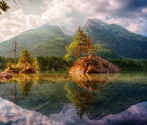 Drzewa, Skały, Bawaria, Odbicie, Góry, Jezioro Hintersee, Niemcy