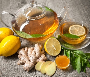 Imbir, Czajnik, Cytryny, Szklany, Miód, Herbata, Kompozycja, Filiżanka