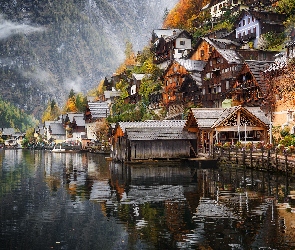 Austria, Hallstatt, Jezioro Hallstattersee Jezioro, Góry, Alpy Salzburskie, Domy