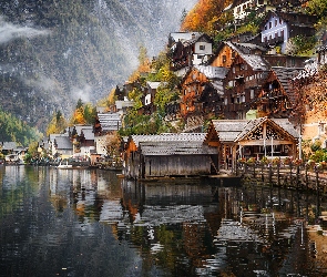 Jezioro Hallstattersee Jezioro, Alpy Salzburskie, Hallstatt, Austria, Domy, Góry