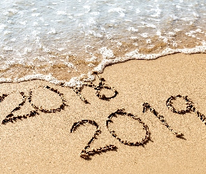 2018, Napis, Piasek, 2019, Fala, Plaża, Woda