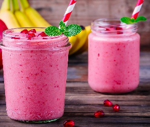 Banany, Granat, Smoothie, Deski, Słomka, Napój, Słoik
