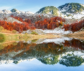 Masyw górski Zelengora, Jezioro Orlovacko, Park Narodowy Sutjeska, Bośnia i Hercegowina, Odbicie, Las, Jesień, Drzewa, Góry Dynarskie