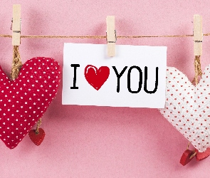 Spinacze, Sznurek, Kartka, Serca, Napis, I love You