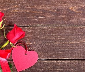 Serce, Deski, Wstążka, Róże, Walentynki