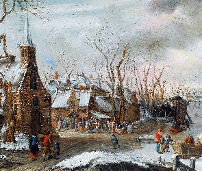 Kościół, Ludzie, Obraz, Zima, Targ, Malarstwo, Salomon Rombouts