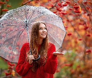 Dziewczyna, Deszcz, Sweter, Parasolka, Czerwony