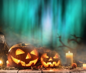 Halloween, Lampion, Świece, Dynie