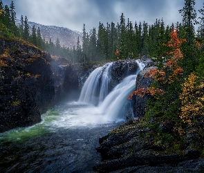 Gmina Hemsedal, Wodospad Rjukandefossen, Góry, Norwegia, Skały, Jesień, Świerki