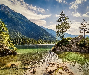 Drzewa, Mgła, Jezioro Hintersee, Góry Alpy, Bawaria, Skały, Niemcy, Domy
