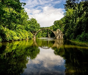 Saksonia, Niemcy, Odbicie, Jezioro Rakotz, Kamienny, Most łukowy, Park Rododendronów Kromlau