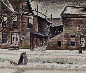Domy, Old Houses in Winter, Charles Ephraim Burchfield, Zima, Tytuł, Malarstwo, Akwarela