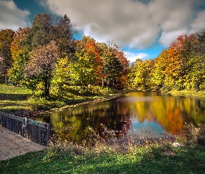 Staw, Jesień, Drzewa, Mostek