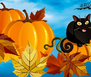 Grafika, Napis, Dynia, Halloween, Liście, Kot