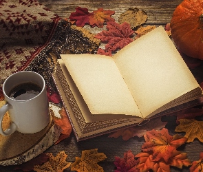 Szalik, Drewno, Notatnik, Dynia, Kawa, Liście, Kubek