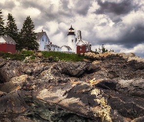Stany Zjednoczone, Stan Maine, Skały, Latarnia morska Pemaquid Point Lighthouse Park, Chmury, Miasto Bristol