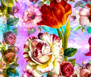 Kwiaty, Grafika, Tulipan, Róża