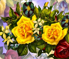 Kwiaty, Żółte, Tło, Grafika, Kolorowe, Róże