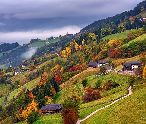 Góry, Mgła, Drogi, Jesień, Domy, Drzewa