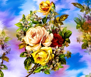 Grafika, Tło, Róże, Kwiaty, Bukiet, Kolorowe