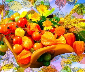 Pomidory, Grafika, Kwiaty, Kłosy, Miechunka
