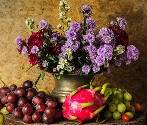 Winogrona, Owoce, Astry marcinki, Kwiaty, Bukiet, Wazon