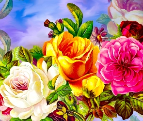 Kwiaty, Grafika, Kolorowe, Róże, Trzy