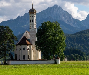 Eglise Saint Coloman, Drzewa, Kościół, Las, Bawaria, Góry Alpy, Niemcy, Miejscowość Schwangau