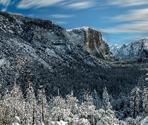 Zima, Park Narodowy Yosemite, Stany Zjednoczone, Dolina Yosemite Valley, Drzewa, Stan Kalifornia, Góry