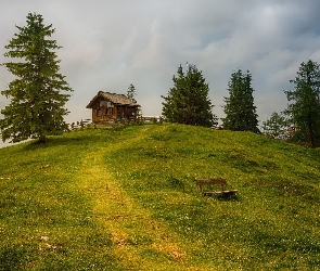 Ławeczka, Ścieżka, Drewniany, Wzgórze, Domek, Drzewa