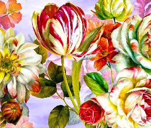 Kolorowe, Grafika, Tulipan, Róże, Kwiaty